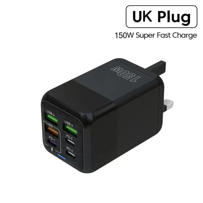 New 150W Fast Charger Mobile Phone Wall Adapter 3Type-C+3USB Multi Port Adapter Super Fast Charging for iPhone Samsung Huawei