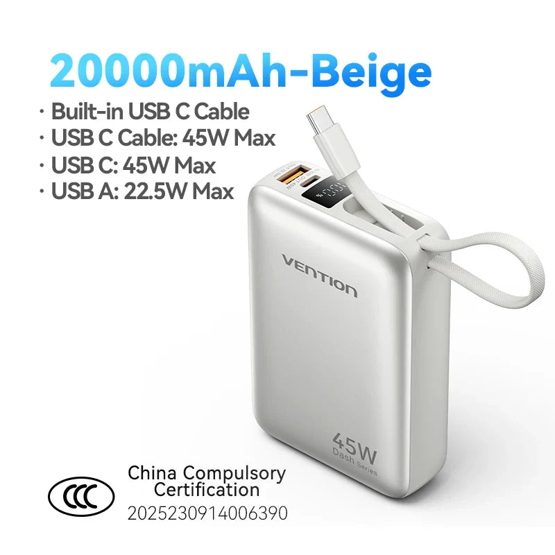 Vention CCC 45W 20000mAh Power Bank Fast Charging Portable Charger for Xiaomi iPhone Pro Max Samsung Galaxy Battery 3C Powerbank