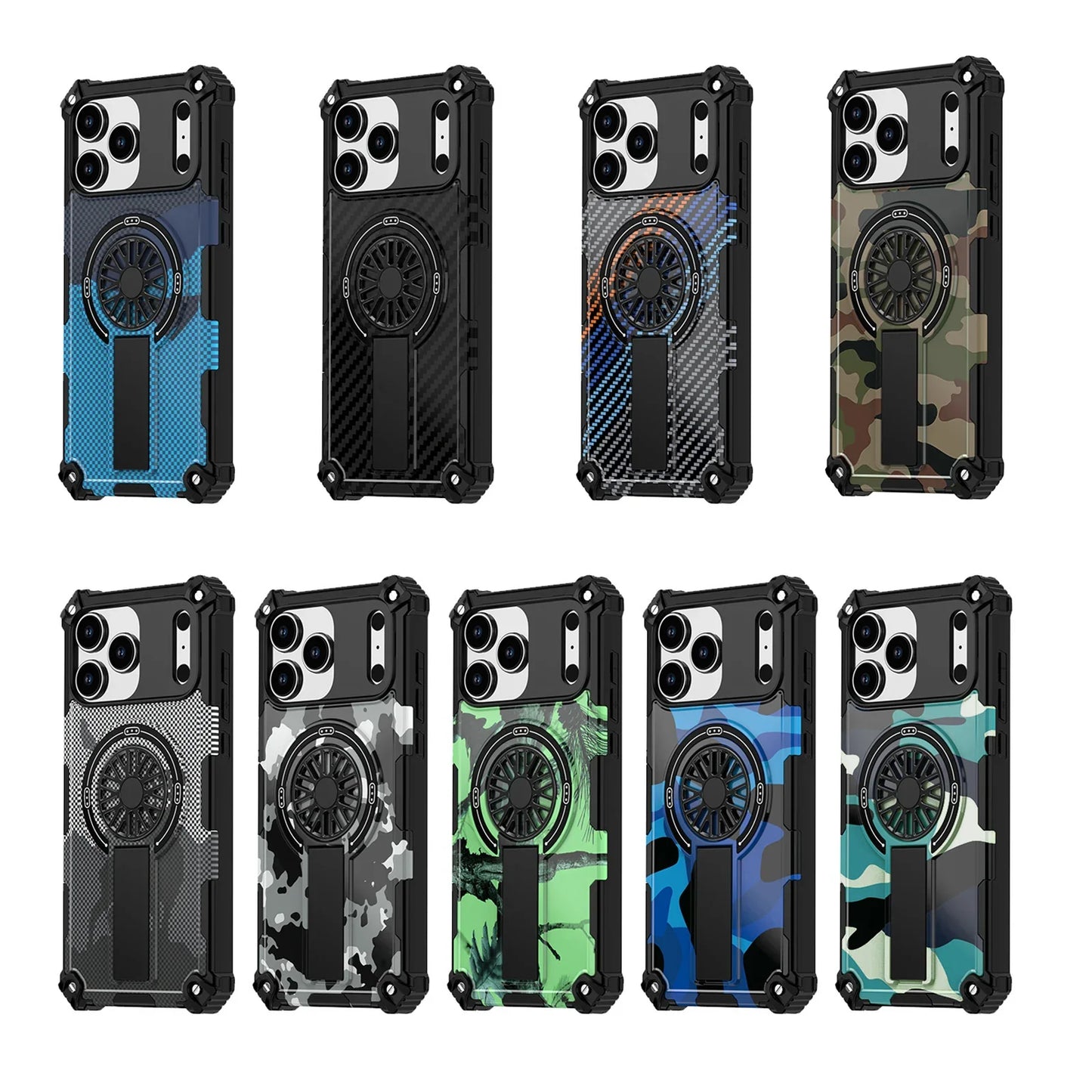 Camouflage Army Green Carbon Magnetic Phone Case Stand For Magsafe iPhone 16 15 PM 14 Plus 13 12 Pro Max 11 16e Protection Cover