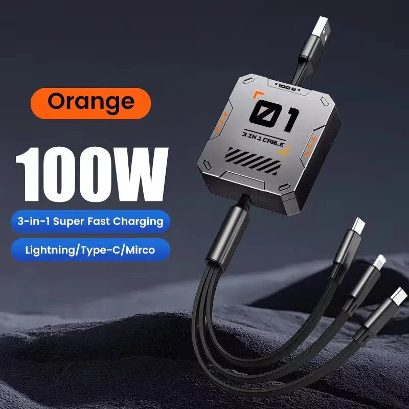 3 In 1 Retractable Phone Data Cable Type C Usb 100W Fast Charging Cable Suitable For iphone Huawei Xiaomi Android Micro