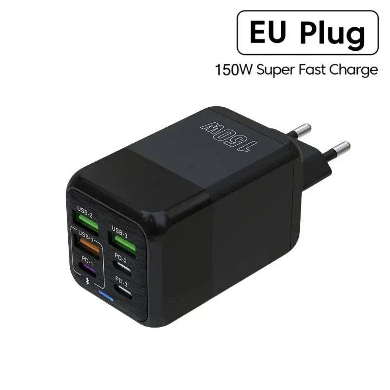 New 150W Fast Charger Mobile Phone Wall Adapter 3Type-C+3USB Multi Port Adapter Super Fast Charging for iPhone Samsung Huawei