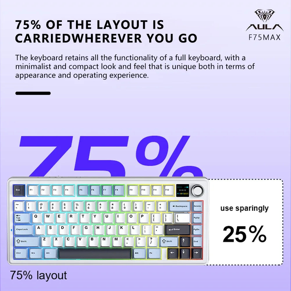 AULA F75 MAX Gaming Mechanical Keyboard 75% Wired/Bluetooth/2.4G Hot-Swap RGB E-sports Keyboard with TFT Screen for PC/Mac  ﻿