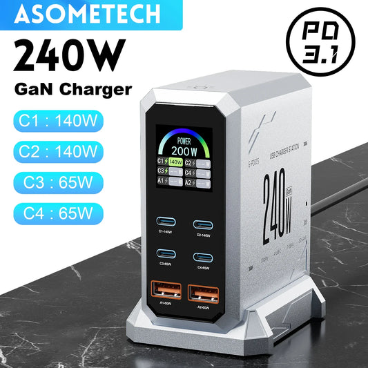 240W Digital GaN Charger PD3.1 140W USB Type C 6 Ports Desktop Fast Charging Station for IPhone Samsung Xiaomi MacBook Laptops