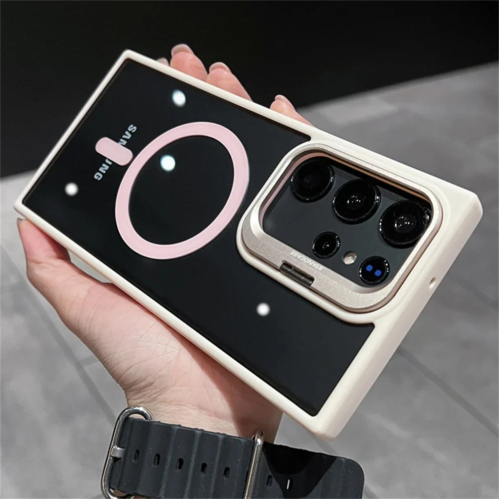 Camera Bracket Magnetic Clear Case For Samsung S24 S25 Ultra S23 S22 Plus For Magsafe Wireless Charge Shockproof Bumper Cover