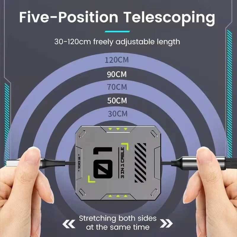 3 In 1 Retractable Phone Data Cable Type C Usb 100W Fast Charging Cable Suitable For iphone Huawei Xiaomi Android Micro