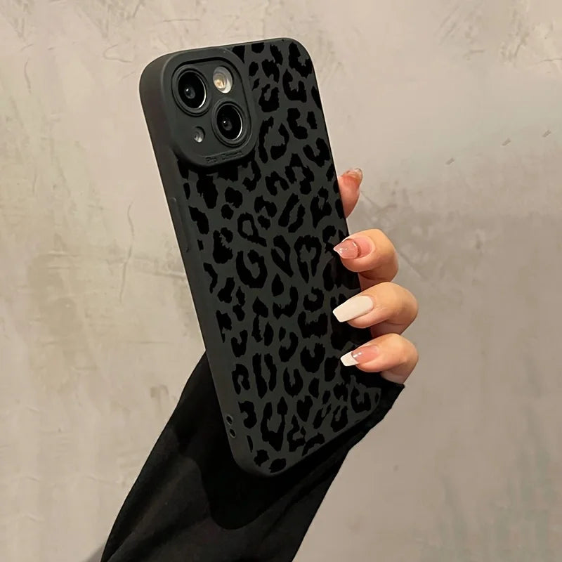Black Leopard Print Phone Case For iPhone 14 13 11 15 Pro Max 12 Mini XS XR X 8 7 Plus SE 2022  14Pro 13Pro Matte Soft Cov
