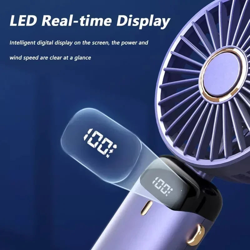 Foldable Portable Handheld Mini Fan 3000mAh with 5-Speed USB Rechargeable Battery, Neck Hanging Design & Phone Stand Display for Indoor and Outdoor Use