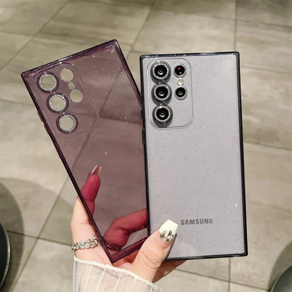 Transparent Glitter Soft Case for Samsung Galaxy S24 S23 Ultra S22 S21 Plus S20 FE A54 A34 A55 A52 A35 A53 A25 Camera Film Cover