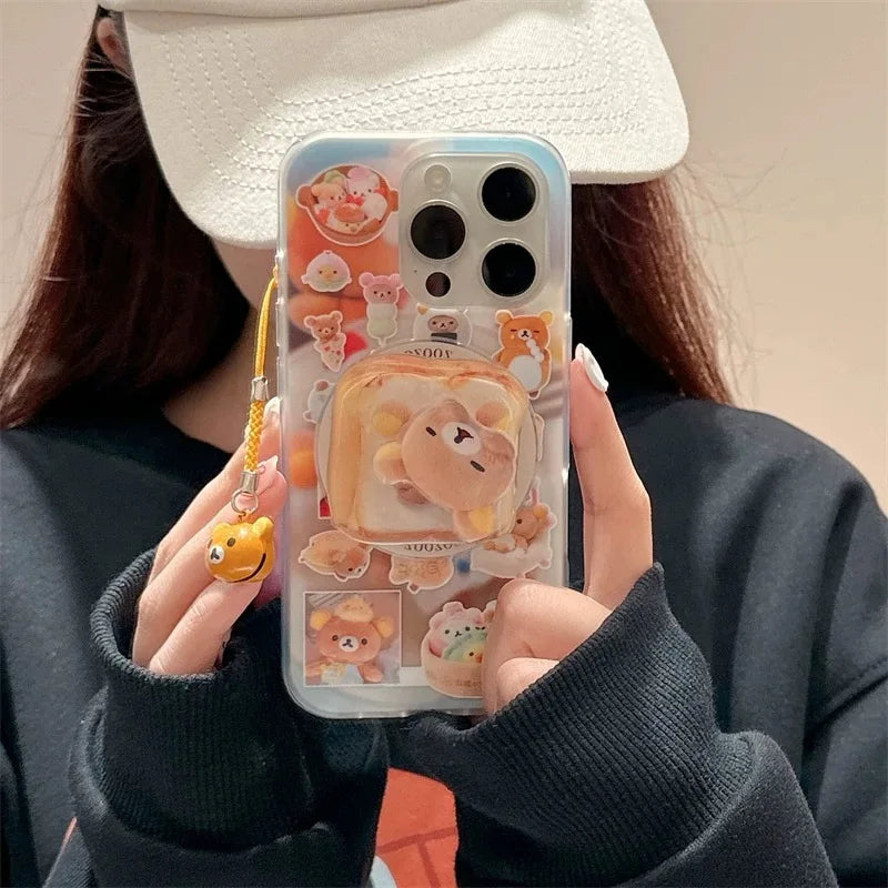 Funny Toast Dessert Bear Small Bell Magsafe Wireless Charge Case For iPhone 13 14 15 16 Pro Max Toast Rotate Bear Magnetic Stand