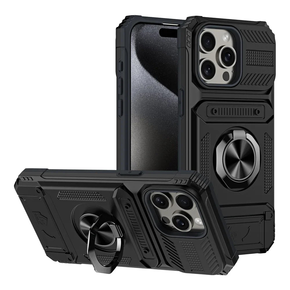 2 Cards Holder Hybrid Defender Case for iPhone 16 Pro Max 15 14 13 11 Magnetic Ring Stand Funda iPhone 15 Pro 14 Plus 8 Plus