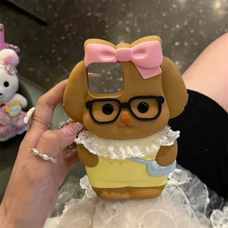 Silicone Cartoon Pink Bow Dog Suitable For Iphone 16 15 Pro Max  12 13 14 All Inclusive Protective Case