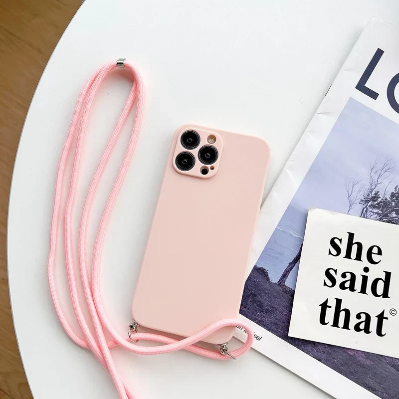 Simple Crossbody Lanyard Silicone Case For iPhone 15 11 12 13 14 Pro Max XR X XS 7 8 Plus Cord Rope Necklace Strap Soft Cover