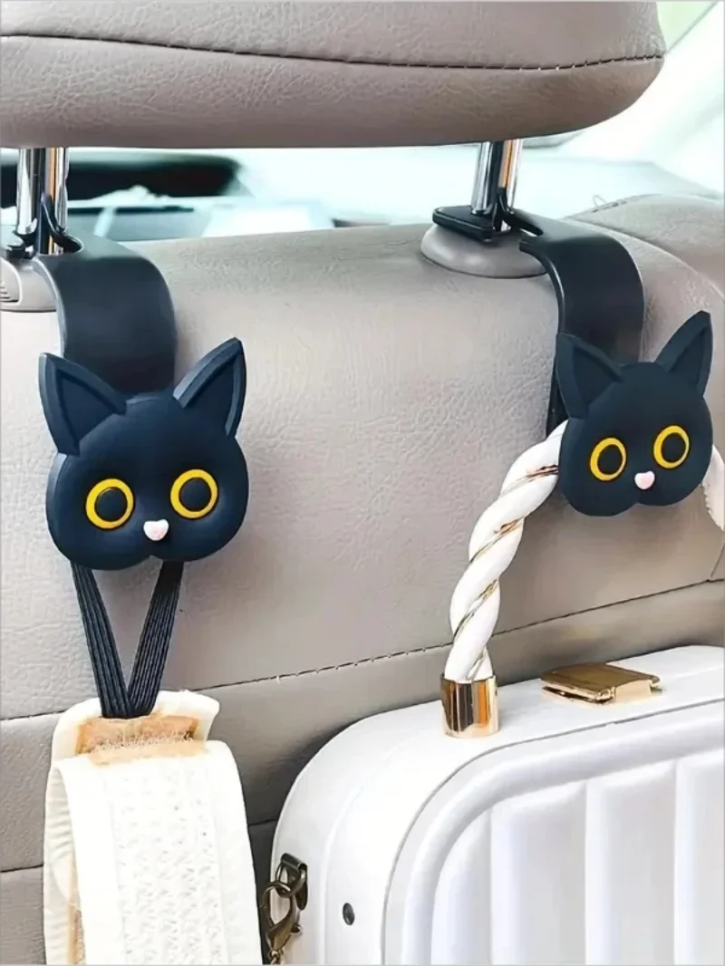 2pcs Adorable 3D Cartoon Cat Car Seat Headrest Hooks - Universal Vehicle Storage Organizer for Handbags, Purses, Coats - Cute Cat