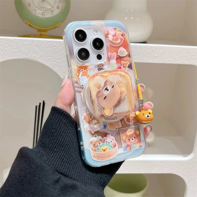 Funny Toast Dessert Bear Small Bell Magsafe Wireless Charge Case For iPhone 13 14 15 16 Pro Max Toast Rotate Bear Magnetic Stand