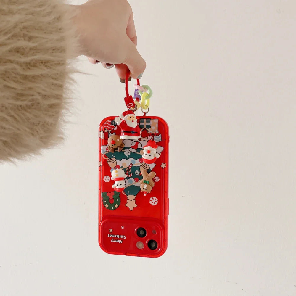 Cartoon 3D Christmas Elk Pendant Case For iPhone 17 16 15 14 13 12 11 Pro Max Plus Santa Claus Bell Keychain Stand Holder Cover