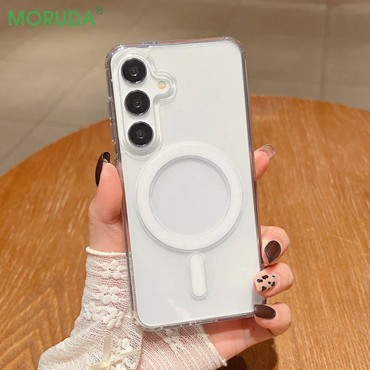 Magsafe Magnetic Charge Phone Case For Samsung Galaxy S25 S24 S23 Ultra S22 Plus S21 FE A16 A15 A35 A55 Clear Acrylic Slim Cover