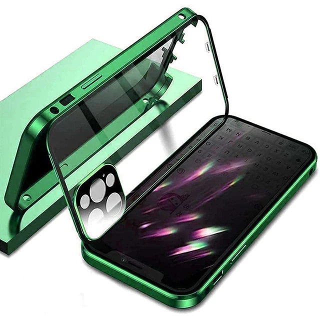 360° Degree Protection Privacy Metal Double Sided Glass Case For iPhone16 14 15 Pro Max Lens Protection Double Buckle Lock Cover