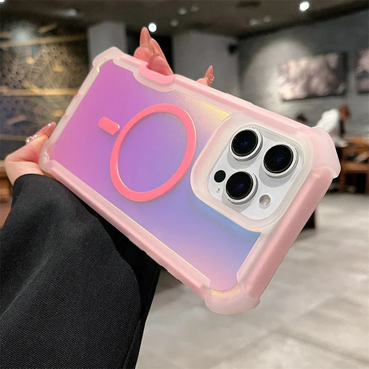 Luxury Magsafe Laser Dazzling Armor Phone Case For iPhone 16 Pro Max 15 Plus 14 13 Wireless Charging Dual Layer Protection Cover