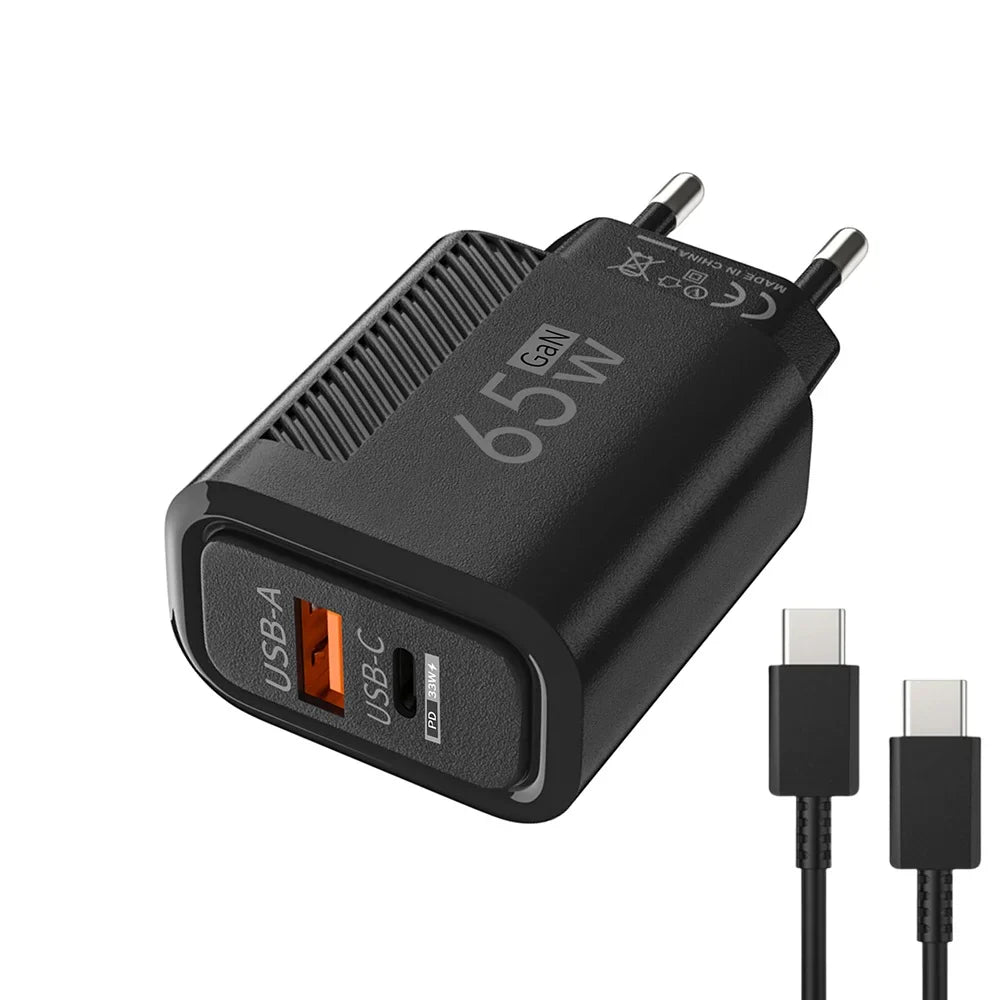 65W GAN 2 Ports Charger USB Type C PD Quick Charge 3.0 Mobile Phone Wall Adapter for iPhone 15 Pro max Huawei Xiaomi EU/US Plug