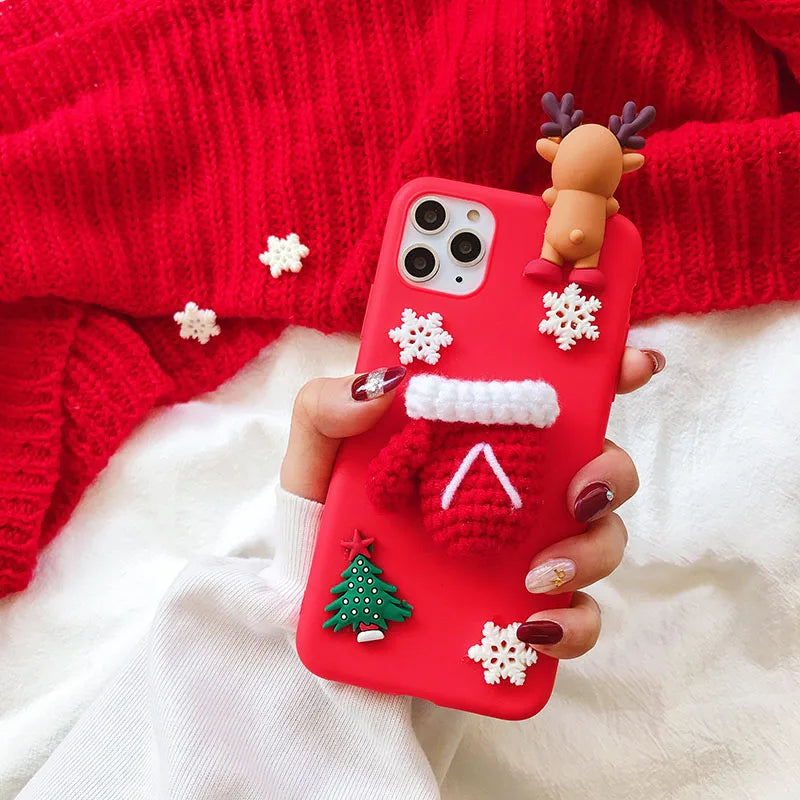 3D Santa Claus Christmas Tree Gloves Case For iPhone 16 13 12 15 14 Pro Max 13 12 Mini 14 16 15 Pro 16E SE4 Snowflake Elk Cover