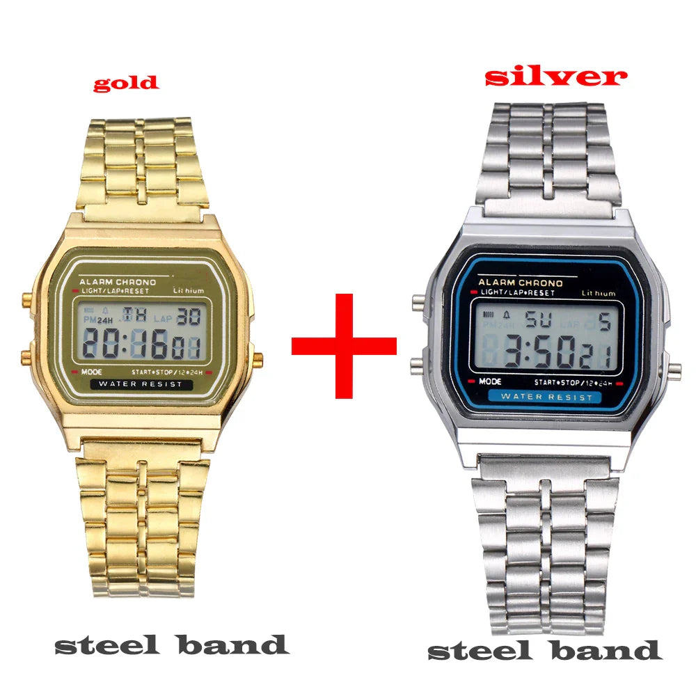 2Pcs Fashion Digital Men's Watches Gold Luxury Stainless Steel Link Bracelet Wrist Watch Band Business Electronic Male Clock