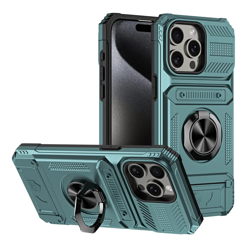 2 Cards Holder Hybrid Defender Case for iPhone 16 Pro Max 15 14 13 11 Magnetic Ring Stand Funda iPhone 15 Pro 14 Plus 8 Plus
