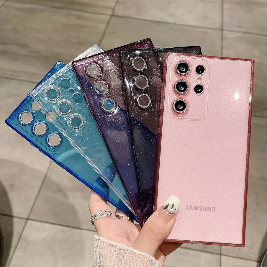 Transparent Glitter Soft Case for Samsung Galaxy S24 S23 Ultra S22 S21 Plus S20 FE A54 A34 A55 A52 A35 A53 A25 Camera Film Cover