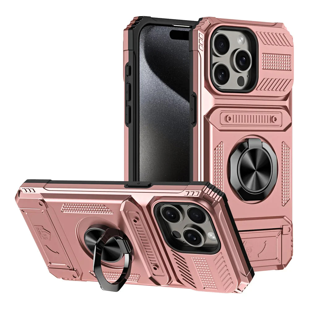 2 Cards Holder Hybrid Defender Case for iPhone 16 Pro Max 15 14 13 11 Magnetic Ring Stand Funda iPhone 15 Pro 14 Plus 8 Plus