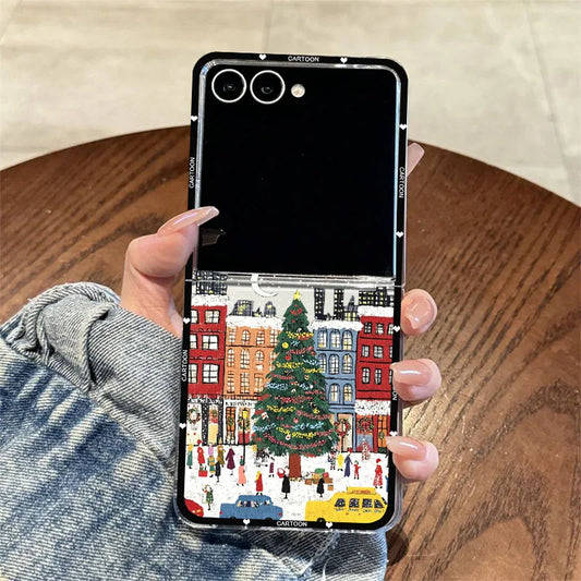 Winter Snow Landscape Phone Case For Samsung Galaxy Z Flip 7 Christmas Street Scenery Clear Hard Folding Cover For ZFlip7 Fundas