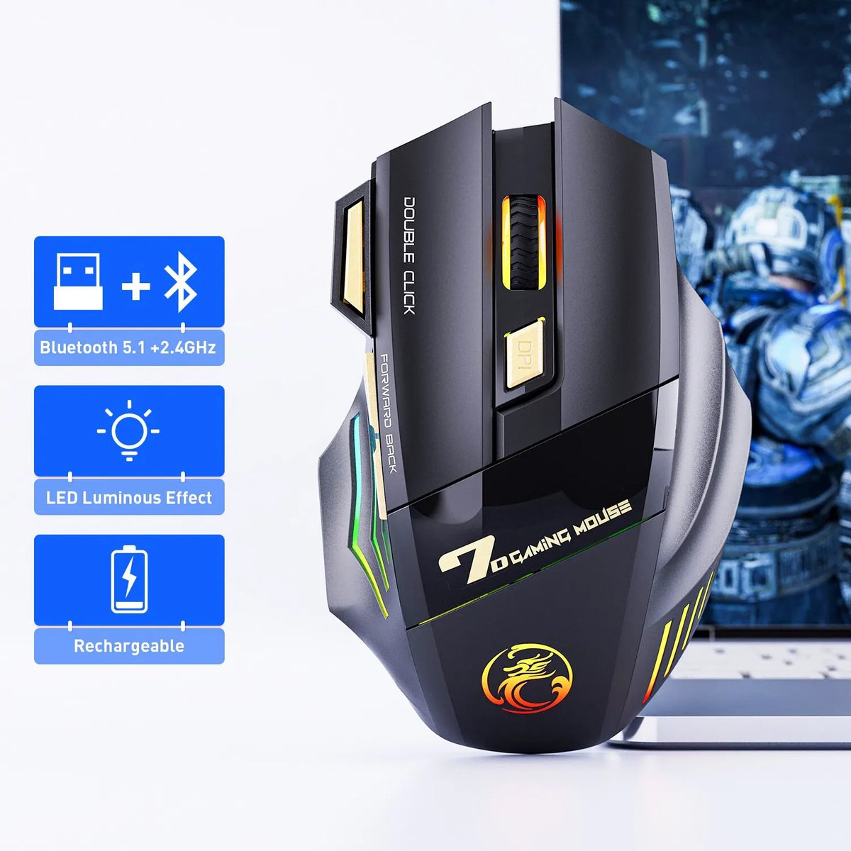 IMICE GW-X7 Wireless Gaming Mouse, 3200DPI, Bluetooth/2.4G, 7 Buttons, Rechargeable, RGB LED