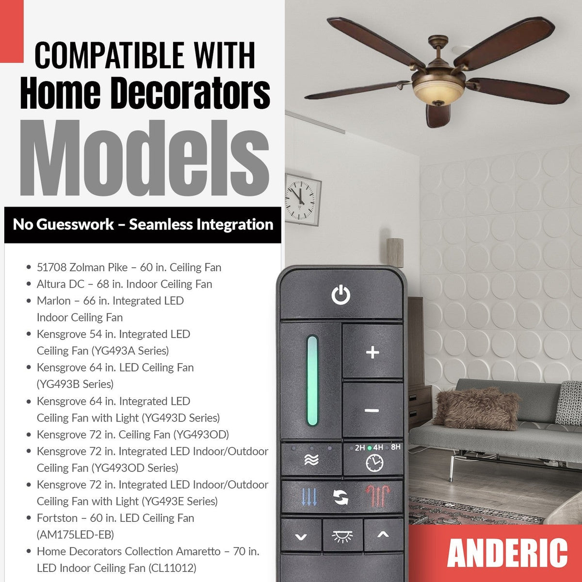 Anderic Substitute for Home Decorators TX032 Replacement Ceiling Fan Remote Control for Altura Run Silent DC Fan | 2ALCZ-TX032 [RR7225T]