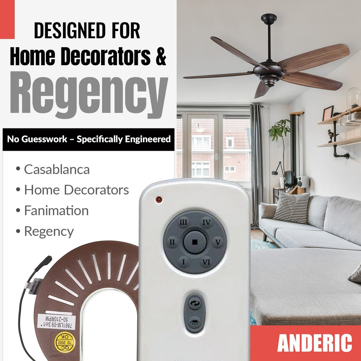 Anderic Substitute for Kichler RH-786R 7861LL-12 72in Q8900 Ceiling Fan Receiver [RH786R/RR787T-KIT]