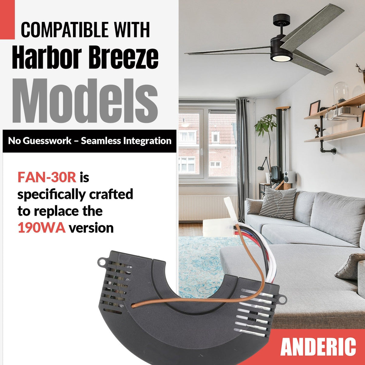 Anderic FAN35T-FAN30R-KIT Replacement Ceiling Fan Remote Control Kit for Harbor Breeze