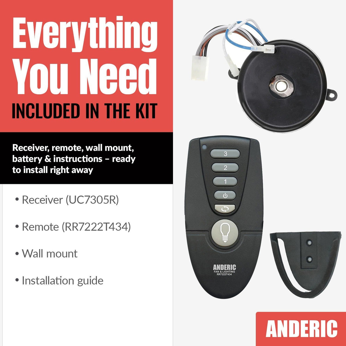 Anderic Substitute for Hunter 8511204 Ceiling Fan Receiver [MR77A-RR7222T434-KIT]