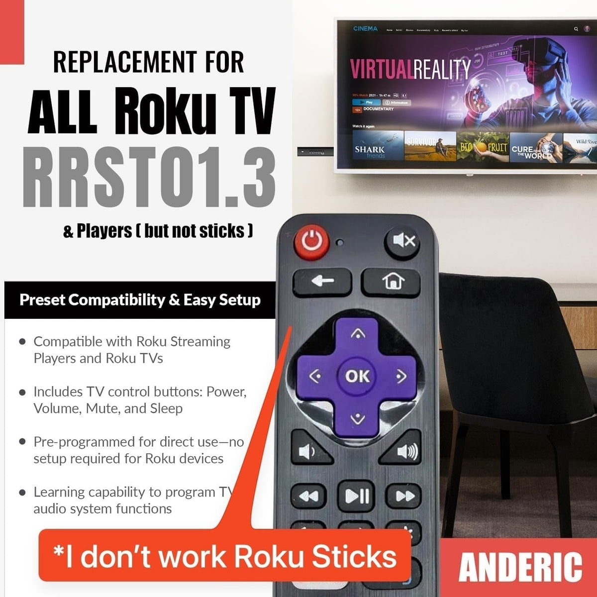 Sharp LC-RCRCA-21 ROKU TV Remote Control | Canada | Netflix | Roku Channel | Google Play | CBS - LCRCRCA21