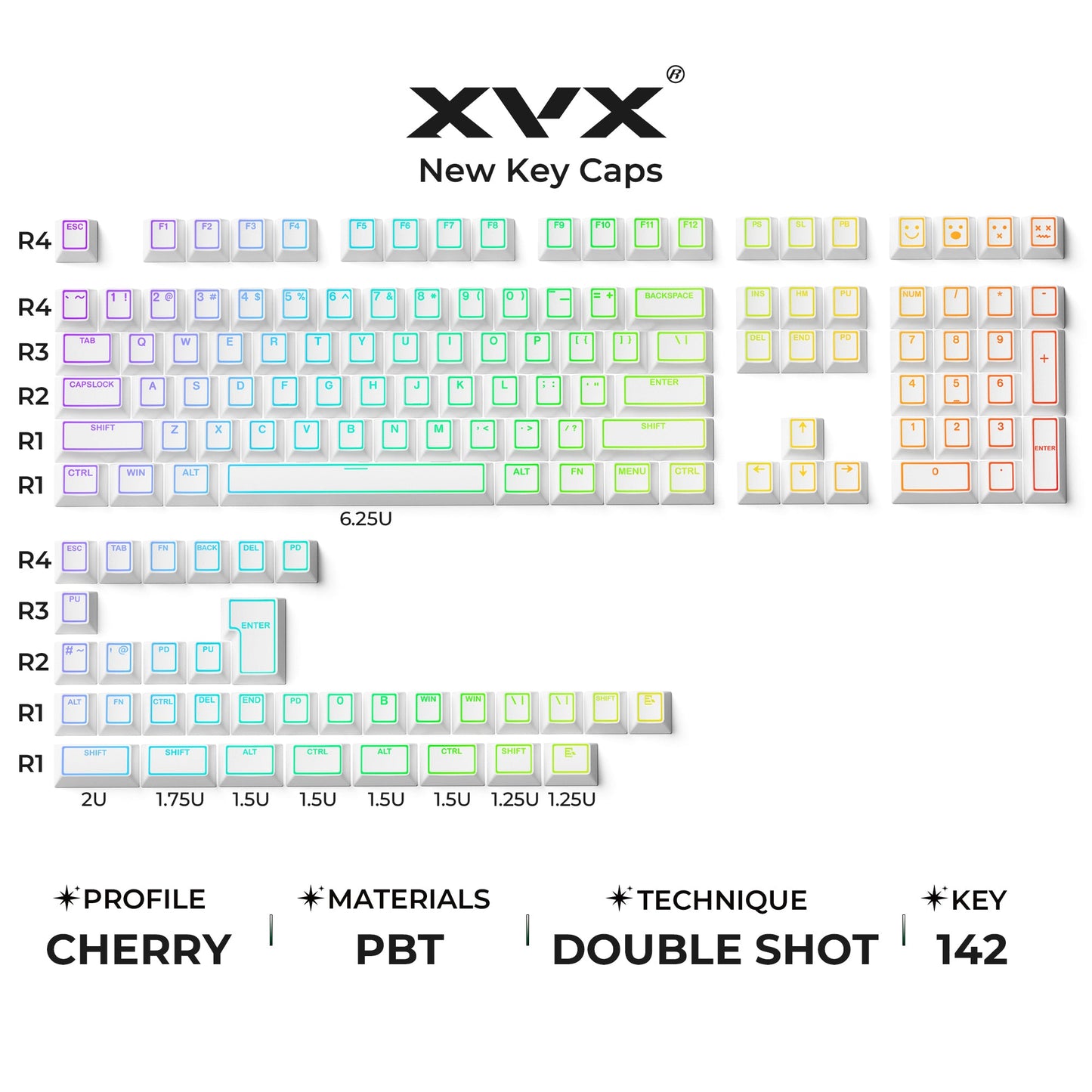 XVX PRISM Shine-Through Double-Shot Cherry Profile PBT Keycap Set 142-key