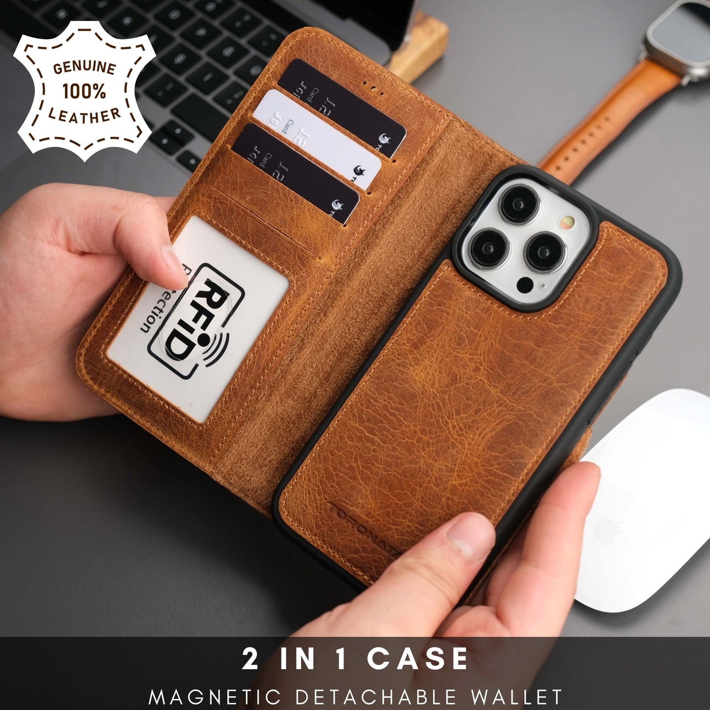 Casper Leather iPhone 15 Pro Wallet Case | Detachable MagSafe Compatible RFID Protection