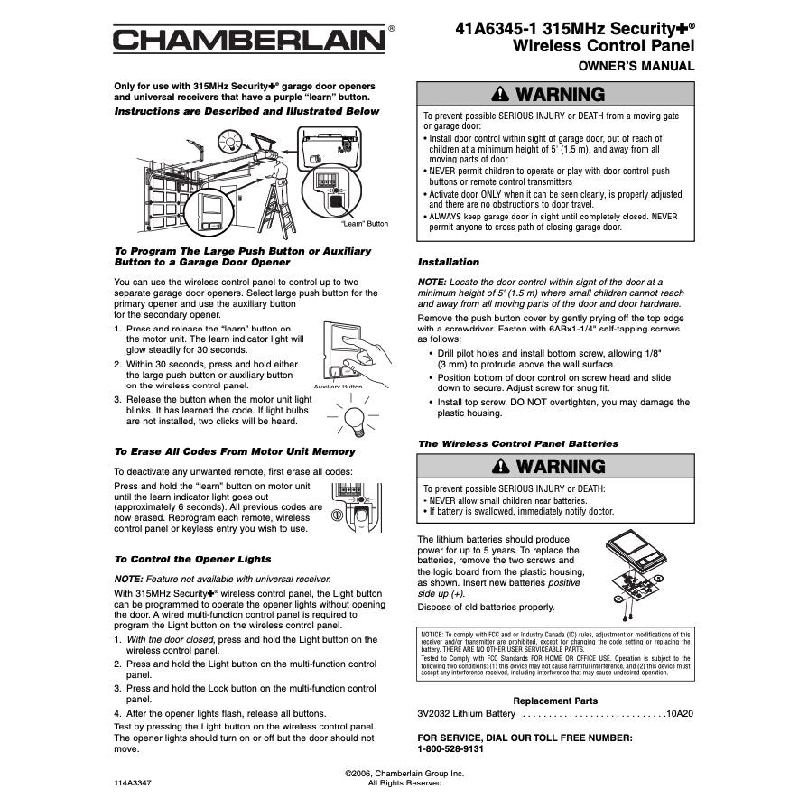 Chamberlain 41A6345-1 2-Button Wireless Wall 315 MHz Garage Door Opener Remote Control