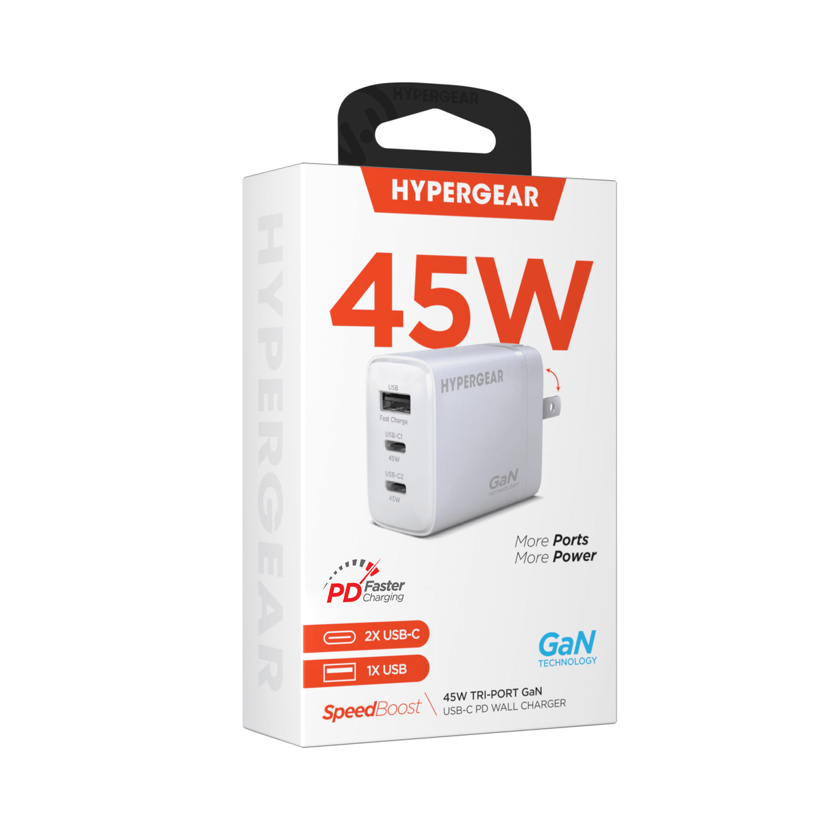 HyperGear SpeedBoost 45W USB-C PD Tri-Port GaN Fast Wall Charger with PPS
