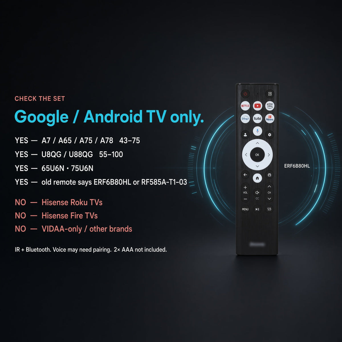 Hisense ERF6B80HL Google Voice TV Remote Control | Voice | Google Android | A7 Series | U8 Series - ERF6B80HL