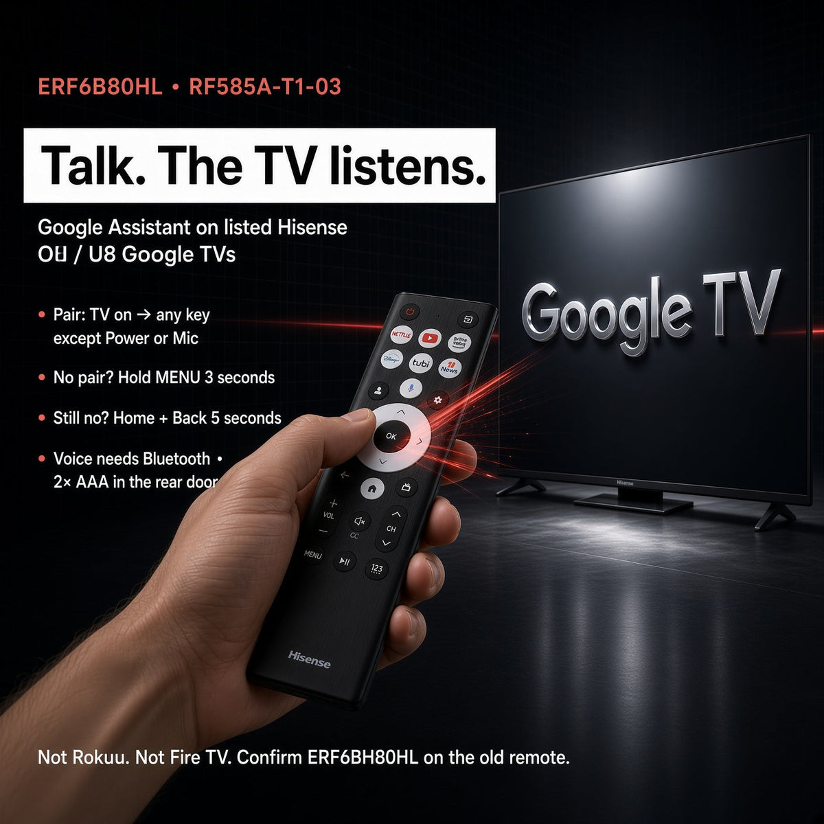 Hisense ERF6B80HL Google Voice TV Remote Control | Voice | Google Android | A7 Series | U8 Series - ERF6B80HL