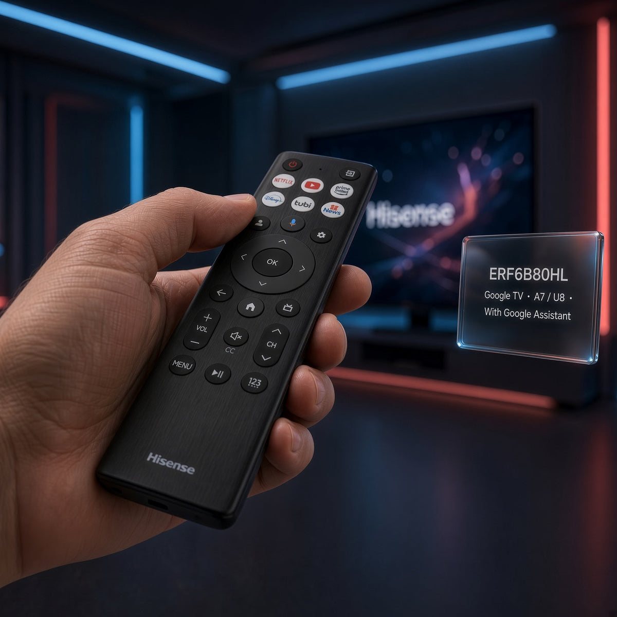 Hisense ERF6B80HL Google Voice TV Remote Control | Voice | Google Android | A7 Series | U8 Series - ERF6B80HL