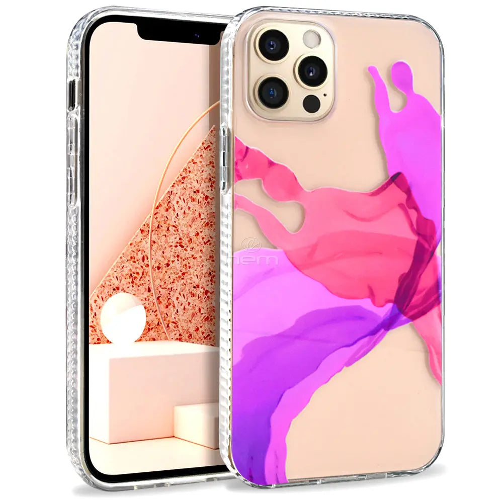 For iPhone 12 Pro Design Diamond, Purple Splash, White Flowers, Black Flowers