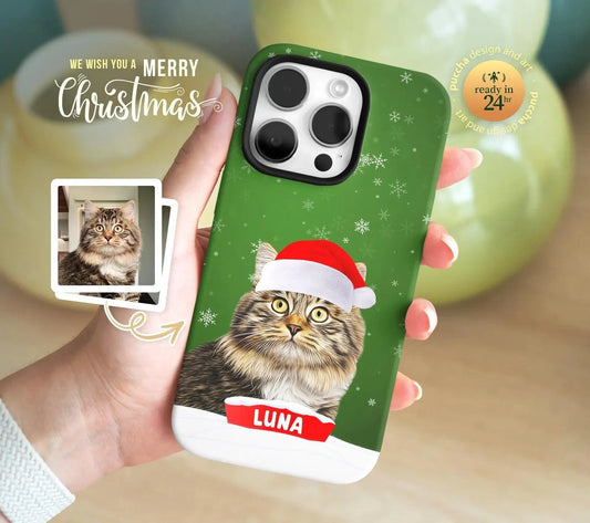 Custom Pet Christmas Phone Case with Dog Cat Photo, Personalized Gift