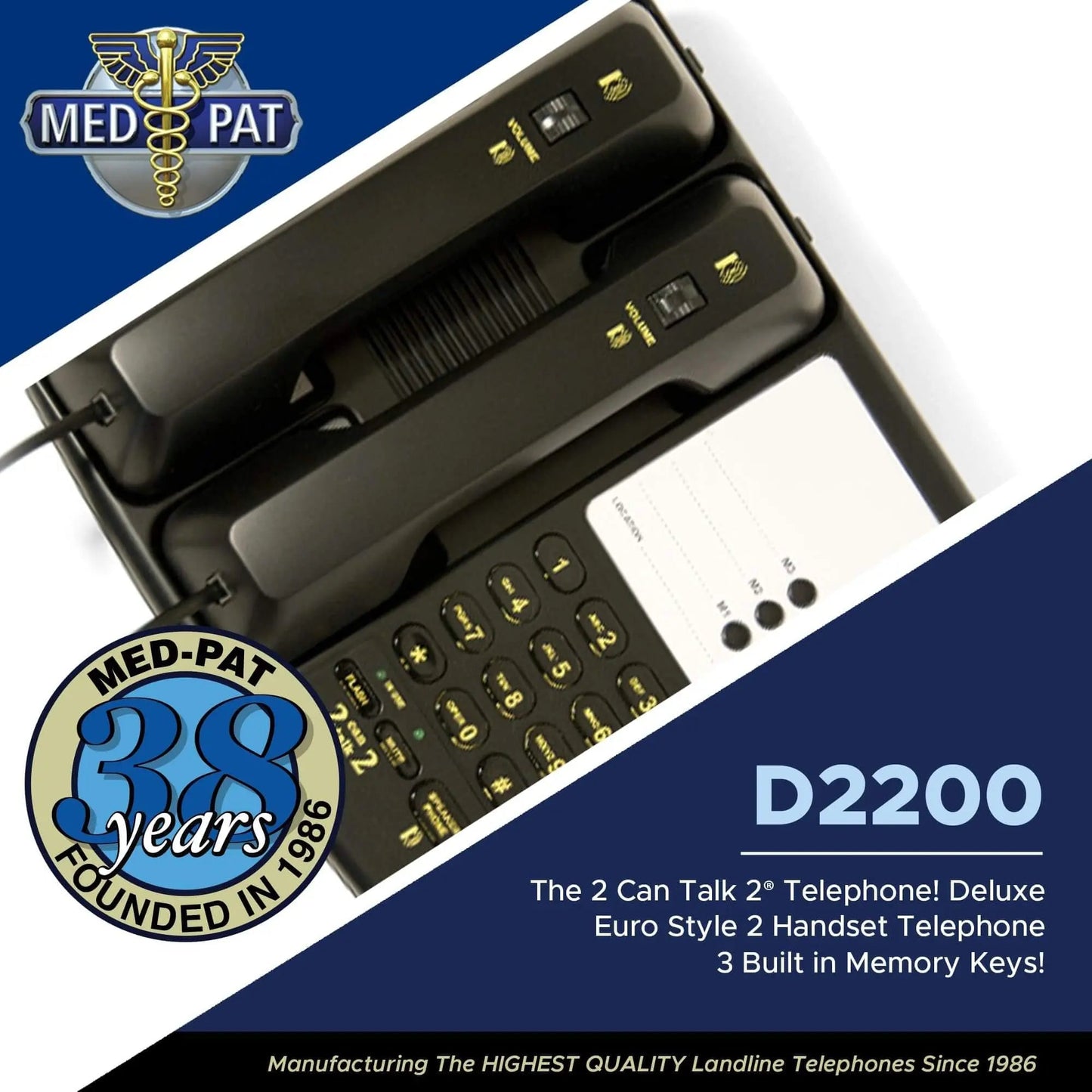 Med-Pat D2200 "2 Can Talk 2" Telephone | Dual Handset Landline Phone with Memory Keys & Enhanced Volume