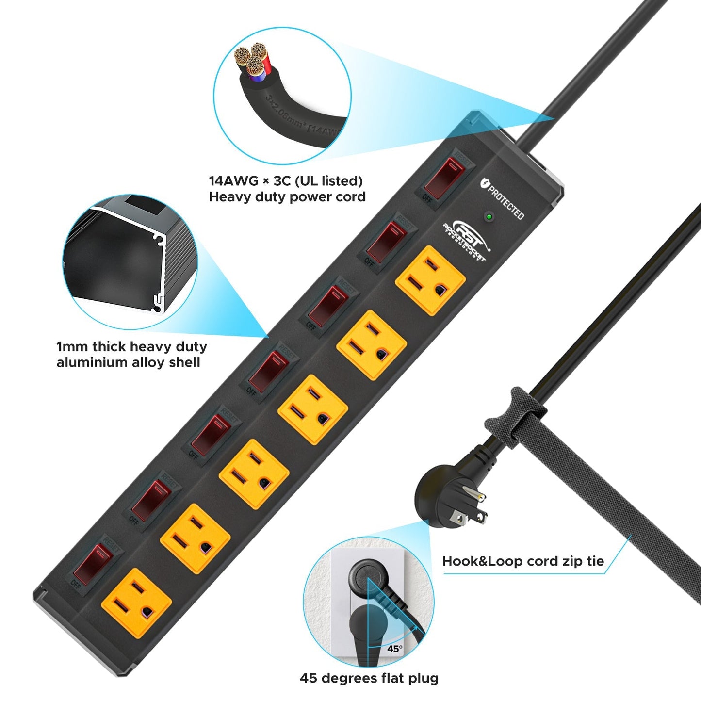 CRST 6 Outlets Individual Switches Mountable Metal Power Strip Surge Protector, 6FT Flat Plug Power Cord