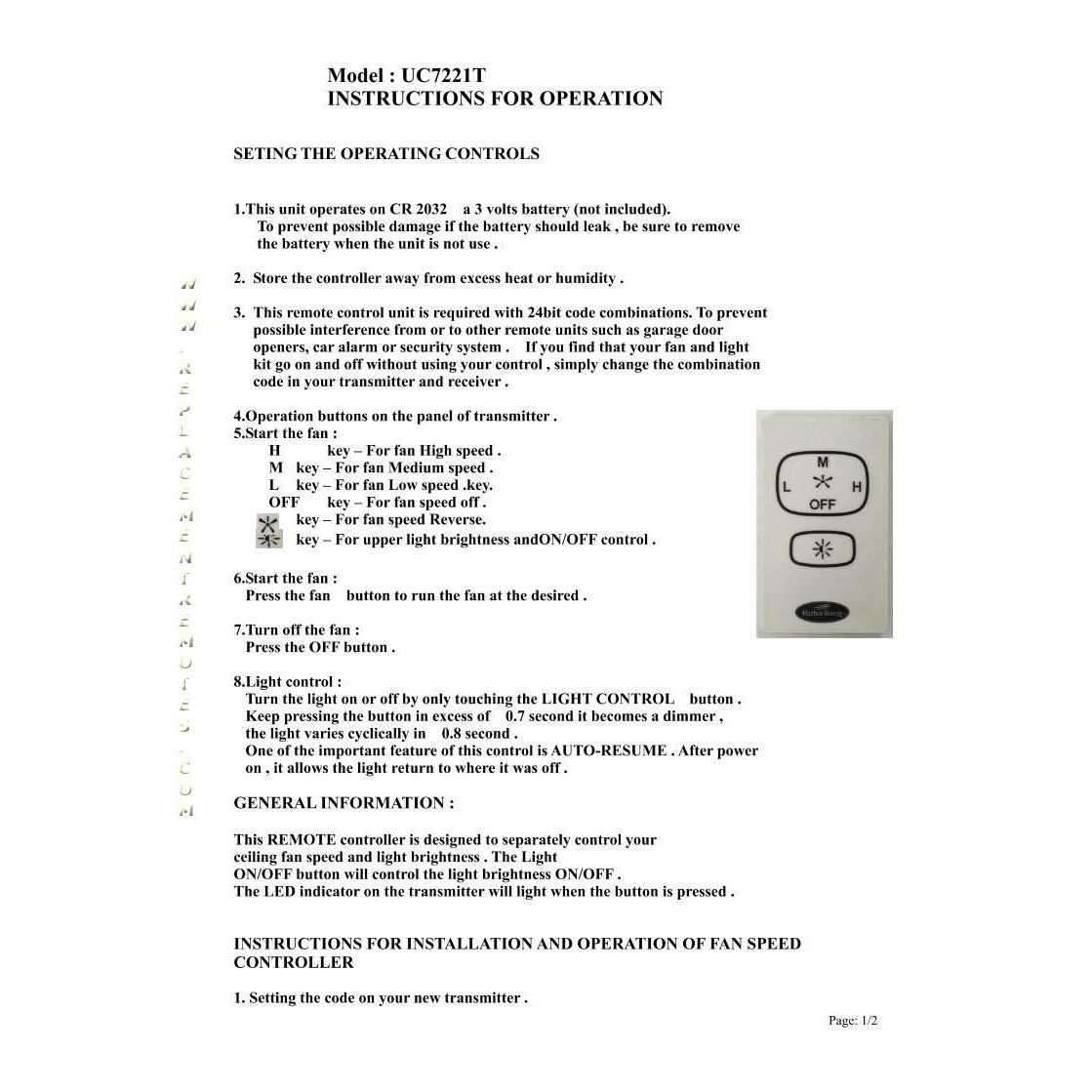 Anderic RR7221T for 3-Speed Fans Ceiling Fan Remote Control - UC7221T / KUJCE10601