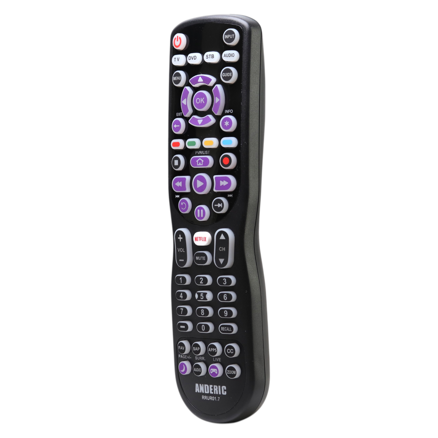 Anderic RRUR01.7 4-Device Universal Remote Control for Roku Streaming Players & Roku TV's with Backlighting, Learning, and Macro
