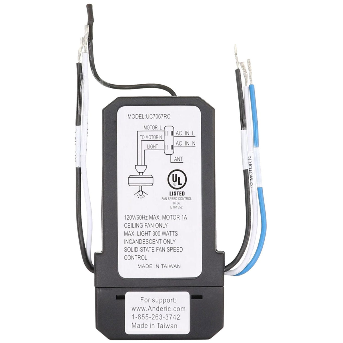 Anderic Wired Wall Switch Universal 3-Speed Ceiling Fan Remote Control Kit | UC9051T-WIRED/UC7067FMRX