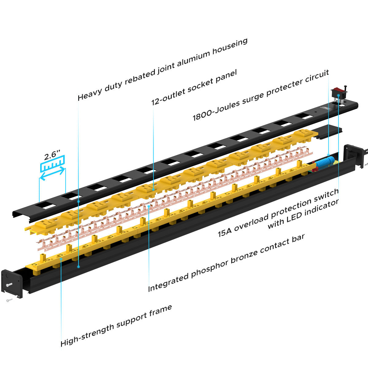 CRST 12-Outlet Metal Power Strip Surge Protector, 1800 Joules, 2.6" Ultra-Wide Spaced Outlets for Large Adapters, 15ft Heavy Duty Cord, Industrial Mountable Design